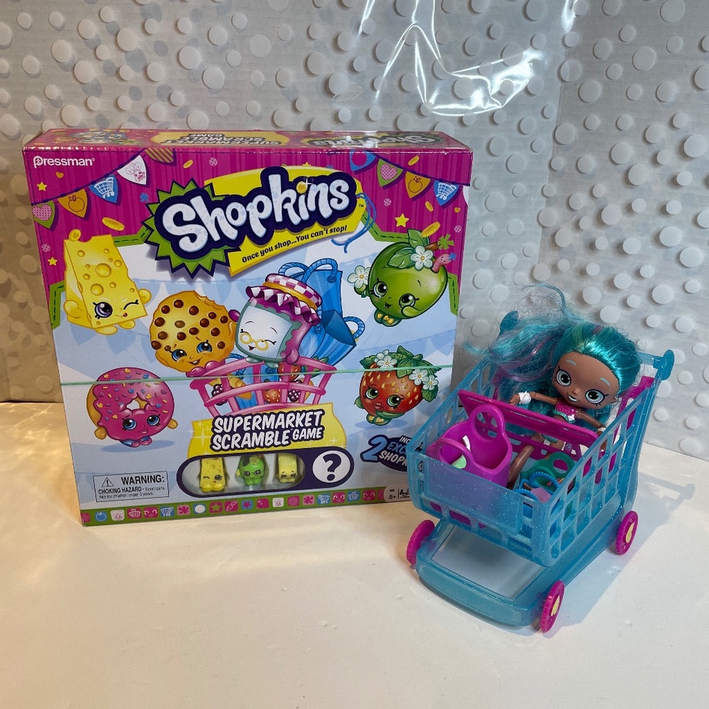 👀2/$20- Shopkins Supermarket Scramble game with 🛒Shopping Cart bundle